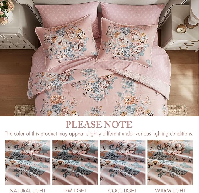 Madison Park Essentials Floral Comforter Set King Size, Vintage Flower Bedding Set with Sheet Set, 7 Pieces Bed in a Bag with Reversible Botanical Comforter and Pillowcases & Shams, Heather, Pink