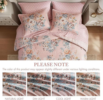 Madison Park Essentials Floral Comforter Set Queen Size, Vintage Flower Bedding Set with Sheet Set, 7 Pieces Bed in a Bag with Reversible Botanical Comforter and Pillowcases & Shams, Heather, Pink