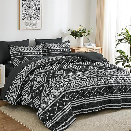 Yiran Boho Twin Comforter Set with Sheets, 6 Piece Black Comforter Bedding Set, Aztec Bed in a Bag, Soft Microfiber Bohemian Striped Complete Bedding Set with Sheets for All Season