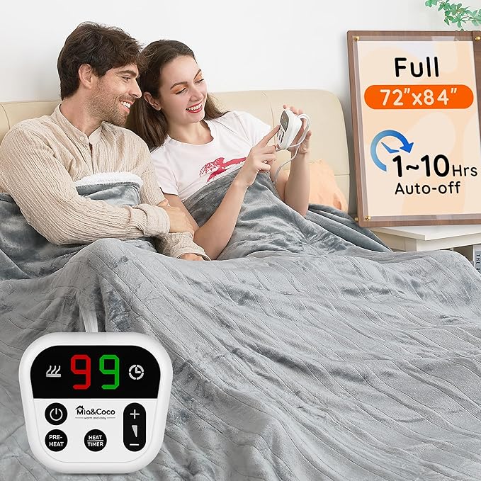 Mia&Coco Heated Blanket Full Size -72"x84" Flannel Electric Blanket,10 Heat Levels, 10-Hour Auto-Off,Fast Heating,Overheat Protection,Machine Washable, Soft Heating Blanket for Home and Office (Gray)