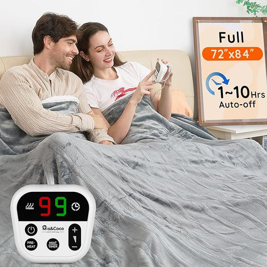 Mia&Coco Heated Blanket Full Size -72"x84" Flannel Electric Blanket,10 Heat Levels, 10-Hour Auto-Off,Fast Heating,Overheat Protection,Machine Washable, Soft Heating Blanket for Home and Office (Gray)