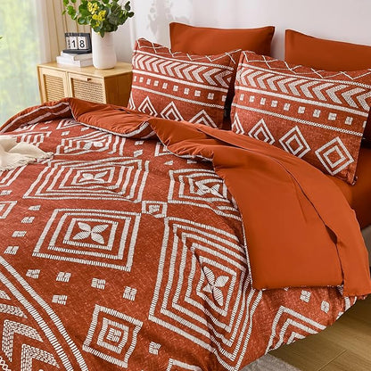 Yiran Burnt Orange King Comforter Set, 7 Piece Terracotta Boho Bedding Set, Geometric Bed in a Bag King, Soft Microfiber Bohemian Striped Complete Bedding Set with Sheets for All Season