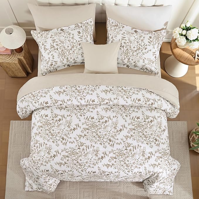 WONGS BEDDING Comforter Set King Size, 8 Pieces Brown Floral Botanical Comforter Sets, Bed in a Bag Soft Lightweight Microfiber Bedding Sets for All Seasons (90"x104")
