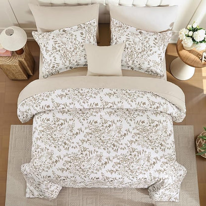 WONGS BEDDING Comforter Set Queen Size, 8 Pieces Brown Floral Botanical Comforter Sets, Bed in a Bag Soft Lightweight Microfiber Bedding Sets for All Seasons (90"x90")