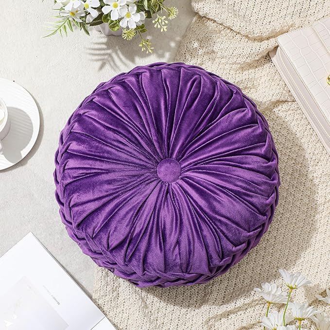 1 Pcs Round Throw Pillows Decorative Velvet Pleated Throw Pillows 15'' Diameter Accent Pumpkin Boho Chair Cushion for Couch Sofa Chair Bed Home Decoration (Purple)