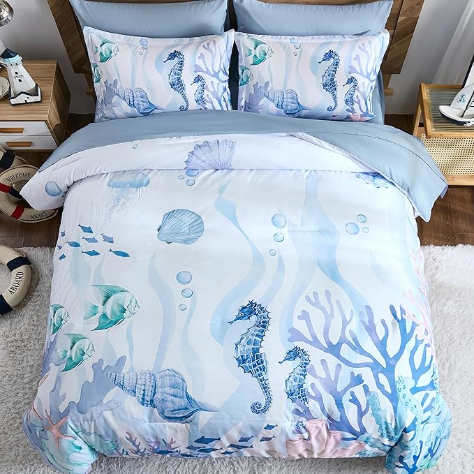 Coastal Comforter Set Queen, Coral Beach Themed Comforters Diving Deep Ocean Bedding with Sheets 7 Pieces Bed in a Bag for Spring Summer House Conch Decor