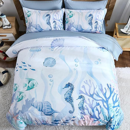 Coastal Comforter Set Queen, Coral Beach Themed Comforters Diving Deep Ocean Bedding with Sheets 7 Pieces Bed in a Bag for Spring Summer House Conch Decor
