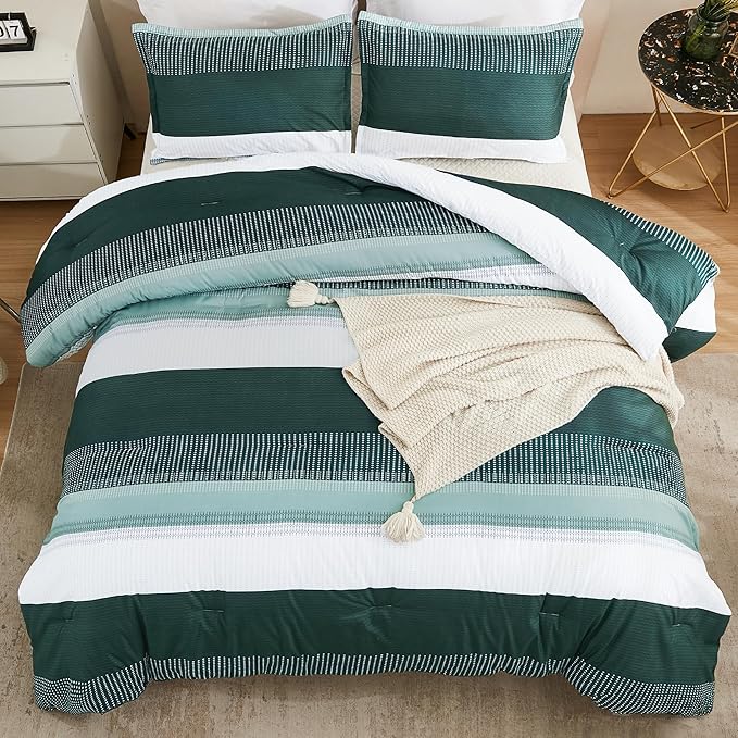 Litanika Dark Emerald Green King Bed Comforter Set, 3 Pieces Bedding Set, Colorblock Stripe Vintage Bed Set (104x90In Comforter & 2 Pillowcases)