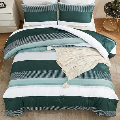 Litanika Dark Emerald Green Bed Comforter Queen Set, 3 Pieces Forest Bedding Set, Double Colorblock Stripe Vintage Bed Set (90x90Comforter, 2 Pillowcases)