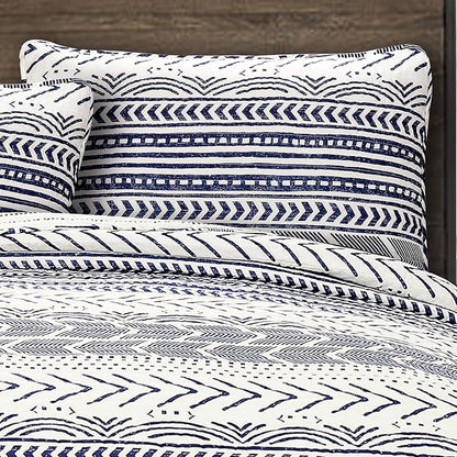 Lush Decor Hygge Geo Pattern Striped 3 Piece Quilt Bedding Set, King, Navy & White