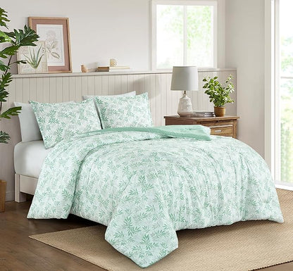 Chezmoi Collection Venus 3-Piece Floral Leaves Comforter Set King - Green White Leaves Printed Microfiber Lightweight Bedding Set for All Season