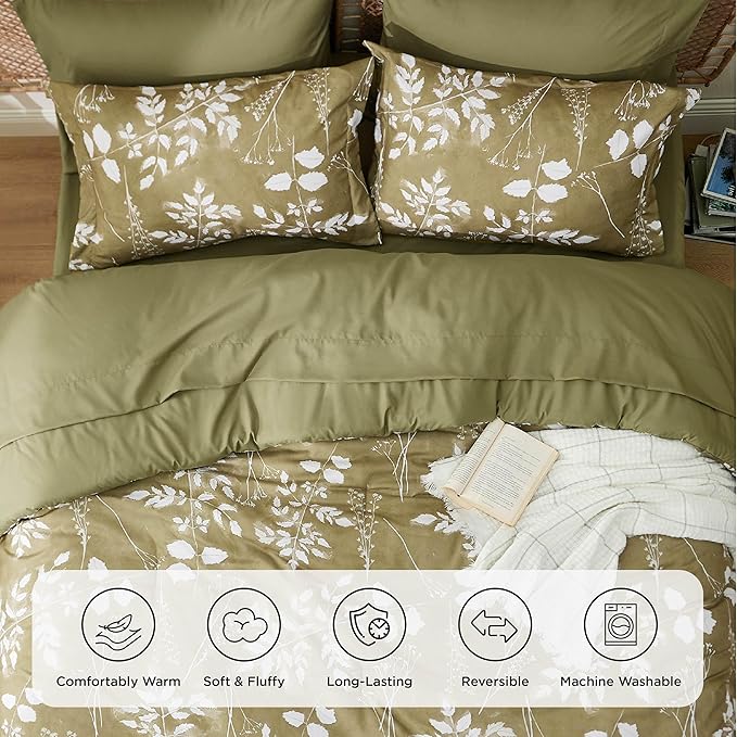 Bedsure King Size Comforter Set - 7 Pieces Floral Olive Green Soft Bedding Sets, King Bed in a Bag with Botanical Flowers Comforter, Sheets, Pillowcases & Shams