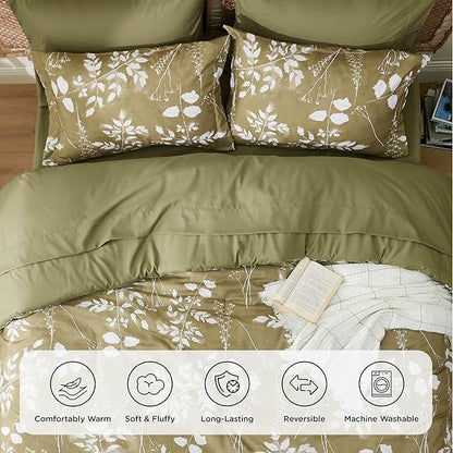 Bedsure Twin Comforter Set - 5 Pieces Floral Olive Green Soft Bedding Sets, Twin Bed in a Bag with Botanical Flowers Comforter, Sheets, Pillowcase & Sham