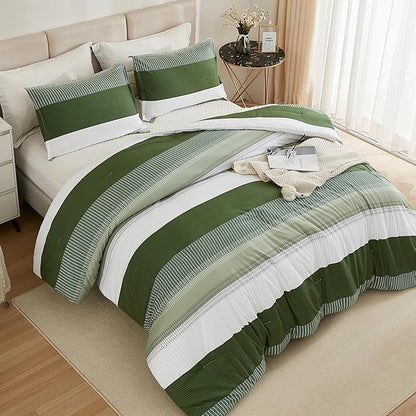 Litanika Olive Green Comforter Set California King - 3 Pieces Lightweight Olive Green White Colorblock Stripe Fluffy Bedding Comforter Sets, All Season Bed Set