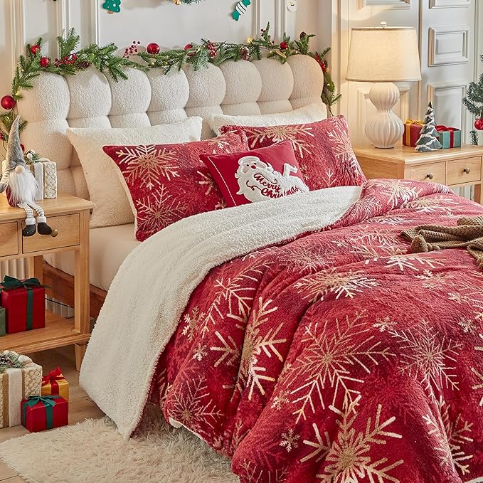 Christmas Sherpa Comforter Set Twin Size 3 Pieces Holiday Red Winter Bedding Microfiber Warm Fleece Comforter with 2 Pillow Shams - Thanksgiving New Year Gift Choice with Gradient Golden Snowflake