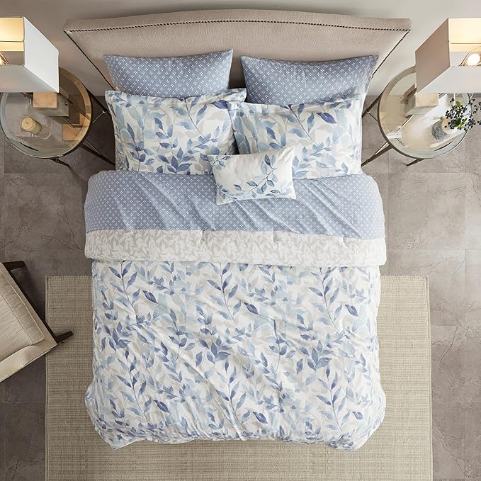 Madison Park Essentials Cozy Bed in a Bag Reversible Comforter with Complete Sheet Set - Modern Botanical Print All Season Cover, Shams, Decorative Pillow, King(104"x92"), Blue 8 Piece