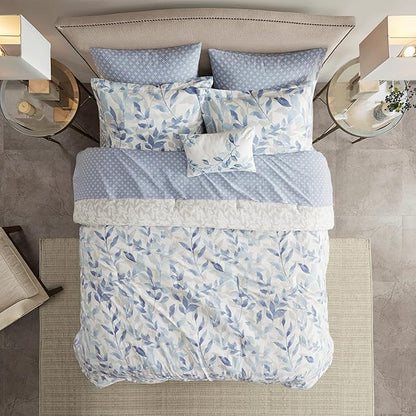 Madison Park Essentials Cozy Bed in a Bag Reversible Comforter with Complete Sheet Set - Modern Botanical Print All Season Cover, Shams, Decorative Pillow, King(104"x92"), Blue 8 Piece
