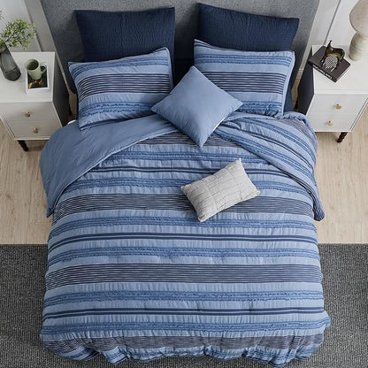 Wonderful Denim Blue Comforter Set Twin Size, Yarn Dyed Farmhouse Striped Cotton Boho Comforter with Pillow Shams, Fluffy Bedding Set for All Season