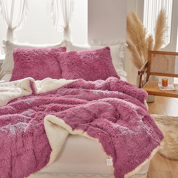Purple Pink Faux Fur Comforter Set Queen 3 Pieces - 1 Shaggy Comforter 88*88 with 2 Pillowcases - Ultra Soft and Easy Care Luxury Plush Warm Winter fluffy Fleece Duvet Set for Cold Winter