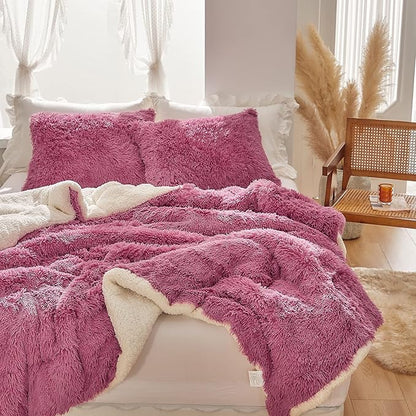 Purple Pink Faux Fur Comforter Set Queen 3 Pieces - 1 Shaggy Comforter 88*88 with 2 Pillowcases - Ultra Soft and Easy Care Luxury Plush Warm Winter fluffy Fleece Duvet Set for Cold Winter