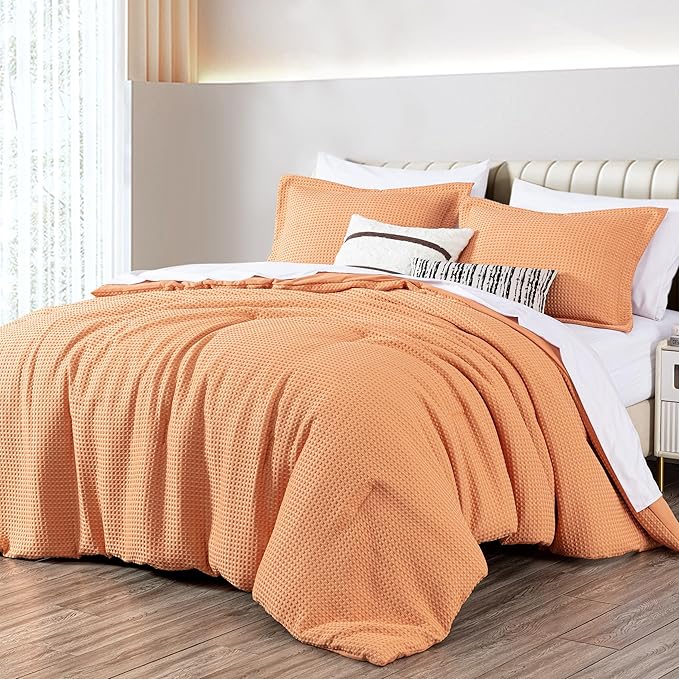 Chezmoi Collection Wilmer 3-Piece Queen Comforter Set, Toffee Brown, Soft and Cozy Lightweight Waffle Weave Comforter Bedding for All Season