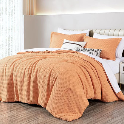 Chezmoi Collection Wilmer 3-Piece Oversized King Comforter Set, Toffee Brown, Soft and Cozy Lightweight Waffle Weave Comforter Bedding for All Season