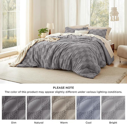 Bedsure King Size Comforter Set Grey, Boho Tufted Bed Set, Checkered Farmhouse Shabby Chic Bedding, 3 Pieces, 1 Plaid Geometric Comforter and 2 Pillow Shams