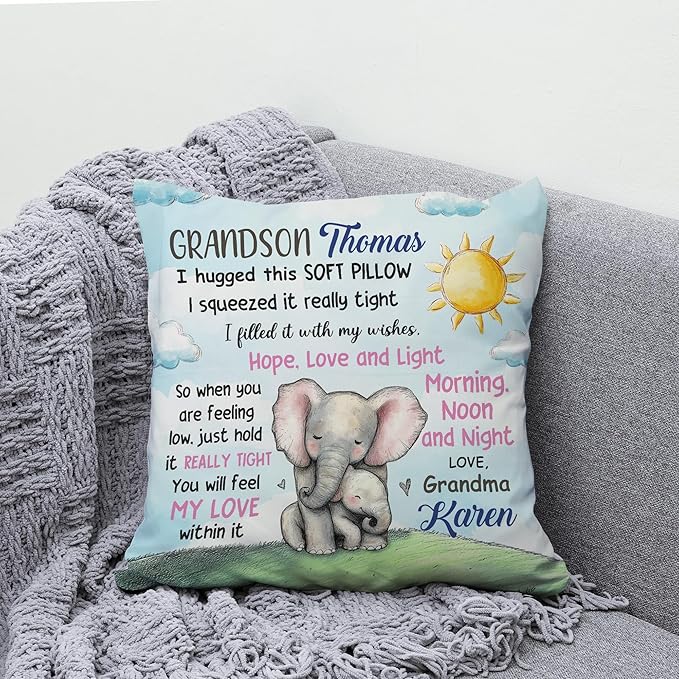 Hyturtle Personalized Grandson Pillow (Insert Included) Gifts from Grandma - Birthday Graduation for Grandson - Elephant Custom Name Sofa Couch Cushion Home Decor Pillow