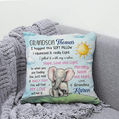 Hyturtle Personalized Grandson Pillow (Insert Included) Gifts from Grandma - Birthday Graduation for Grandson - Elephant Custom Name Sofa Couch Cushion Home Decor Pillow