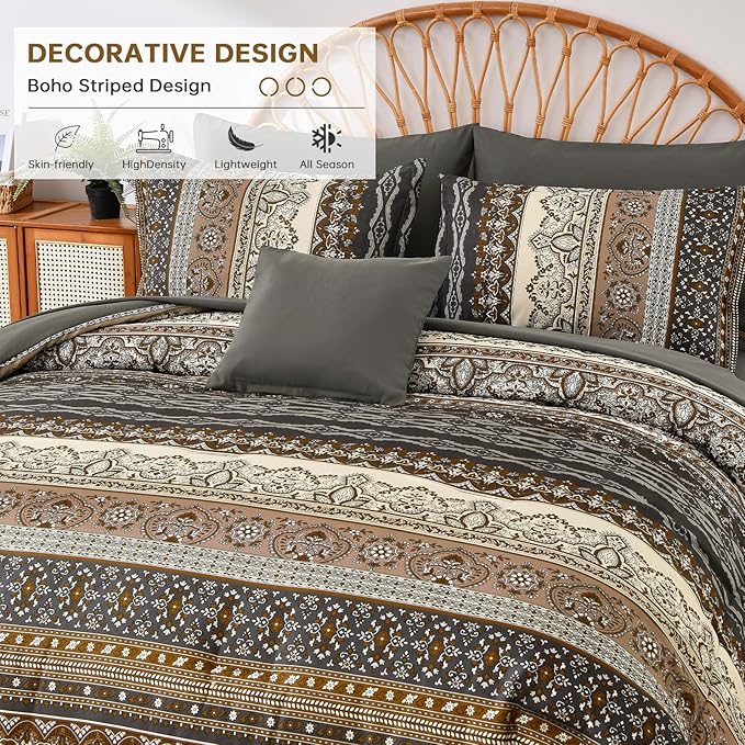 Cottolester Boho Comforter Set Full Size 8 Pieces,Brown Black Bohemian Comforter Paisley Striped Bed in A Bag,Soft Microfiber Bedding Set for All Season