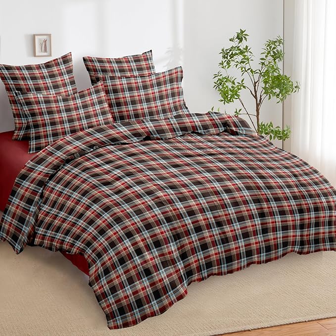 Nayoroom Plaid Comforter Set Queen Size Vintage Red Brown Gingham Checkered Tartan Comforter 3 Pieces Soft Lightweight Farmhouse Dorm Bedding Set for All Seasons