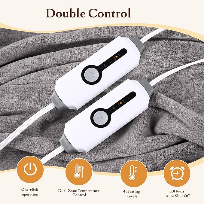 Electric Heated Blanket 84"x90" Queen Size - 4 Heat Settings & Dual Controllers, 10H Auto Shut Off, Ultra-Soft Coral Fleece Heated Blanket with Overheat Protection, Cozy and Comfortable, Light Grey