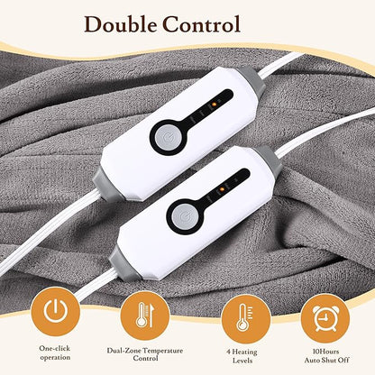Electric Heated Blanket 84"x90" Queen Size - 4 Heat Settings & Dual Controllers, 10H Auto Shut Off, Ultra-Soft Coral Fleece Heated Blanket with Overheat Protection, Cozy and Comfortable, Light Grey