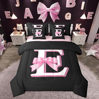 jejeloiu Kids Girls Black Pink Bow Comforter Set with Sheets Twin Size Monogrammed 7 Piece Bedding Set Personalized Initial E Bed in a Bag with Comforter,Sheets,Pillowcases Modern Fashion Bed Set
