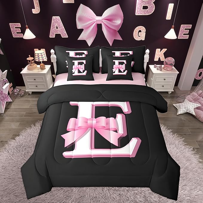 jejeloiu Kids Girls Black Pink Bow Comforter Set with Sheets King Size Monogrammed 7 Piece Bedding Set Personalized Initial E Bed in a Bag with Comforter,Sheets,Pillowcases Modern Fashion Bed Set