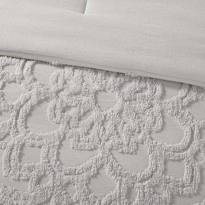 Madison Park Laetitia Comforter Bohemian Tufted Cotton Chenille, Medallion Shabby Chic All Season Down Alternative Bed Set with Matching Shams, Floral Grey Full/Queen(90"x90") 3 Piece