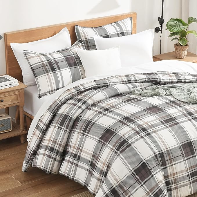 Andency Gray Brown Black Plaid Comforter Set Twin(66x90 Inch), 2 Pieces Grid Gingham Stripes Bedding Comforter Sets for Boys Girls Kids Teens, Preppy Geometric Line Soft Lightweight Reversible Bed Set
