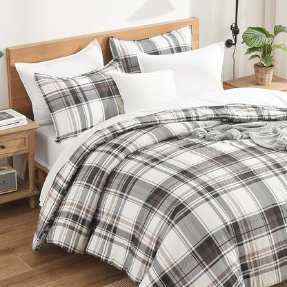 Andency Gray Brown Black Plaid Comforter Set Twin(66x90 Inch), 2 Pieces Grid Gingham Stripes Bedding Comforter Sets for Boys Girls Kids Teens, Preppy Geometric Line Soft Lightweight Reversible Bed Set