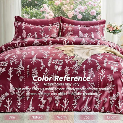 MUXHOMO Burgundy Bed in a Bag Queen 7 Pieces, Queen Comforter Set Reversible Botanical Flowers Design, Ultra Soft & Breathable Bedding Sets with Comforter, Sheets, Pillowcases & Shams