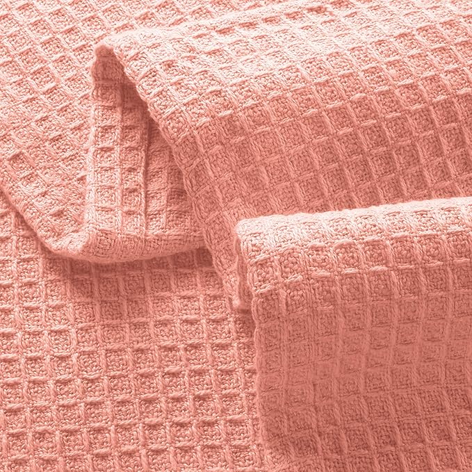 GLAMBURG 100% Cotton Thermal Bed Blanket, Twin Size, Soft Waffle Blanket, All Season, Peach