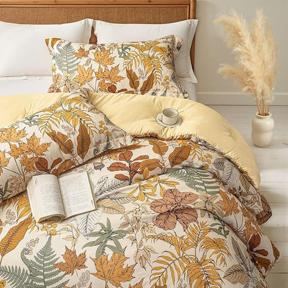 Queen Comforter Set - 3 Pieces Botanical Bedding Comforter Set, 1 Soft Orange Fall Plant Flowers Comforter (90"x90") and 2 Pillow Shams(20"x26") Ultra-Soft Comfort Suitable for All Seasons