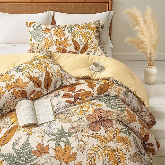 King Comforter Set - 3 Pieces Botanical Bedding Comforter Set, 1 Soft Orange Fall Plant Flowers Comforter (104"x90") and 2 Pillow Shams(20"x36") Ultra-Soft Comfort Suitable for All Seasons