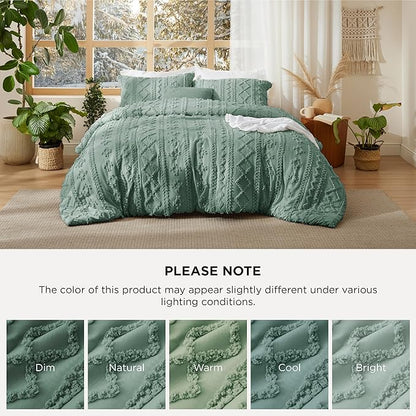 Bedsure Tufted Boho Comforter Set Full Size - Green Boho Bed Set, GentleSoft™ 3 Pieces Farmhouse Shabby Chic Embroidery Bedding, Gifts for Woman, Soft Jacquard Full Comforter for All Seasons