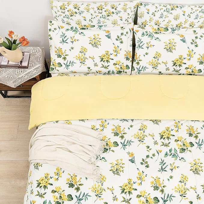 Floral Queen Comforter Set with Sheets, 7 Piece Luxury Vintage Bedding, Soft Microfiber Bed in a Bag, Cozy Lightweight Bed Set, Yellow Flower Green Leaves