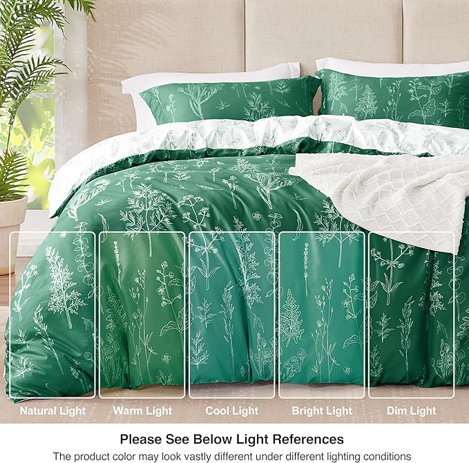 Love's cabin Emerald Comforter Set King - King Size Comforter Set, 3 Pieces Cute Floral Bedding Sets for All Seasons,1 Soft Reversible Botanical Flowers Comforter and 2 Pillow Shams