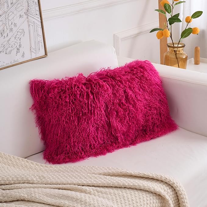 Genuine Mongolian Lamb Fur Pillow Cover – 12"x20" Rectangular Cushion Case – Soft Curly Wool Decorative Accent for Sofa, Bed, or Chair (Hot Pink)