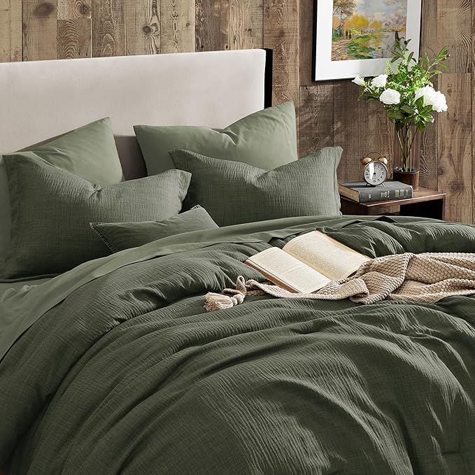 Geniospin California King Comforter Set - 7 Pieces Comforter King Size, Soft Solid Bedding Set for All Season, Textured Bed in a Bag with Sheets, Pillowcases & Shams (Dark Green,104''x96'')