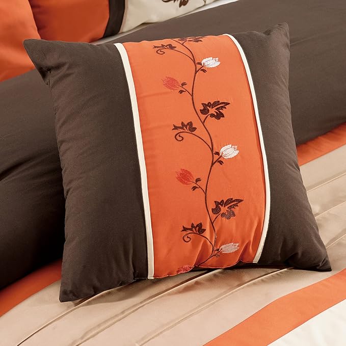 Chezmoi Collection Serene 7-Piece Luxury Autumn Floral Embroidery Comforter Set, California King, Orange/Brown/Taupe