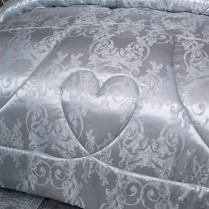 Twin Comforter, Silver Silk Jacquard Bedding Comforter Sets, 3 Pieces Grey Lightweight Quilt, All Season Comforter for Twin Bed, Ultra Soft Microfiber, Matching 2 Pillow Shams, Twin/Twin XL