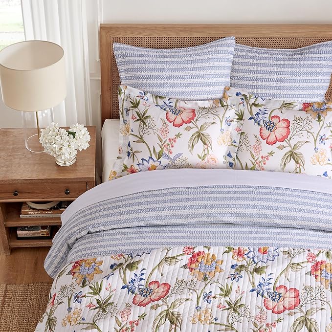 Levtex Home - Maileen Duvet Set - Full/Queen Duvet Cover (90x94in.) and 2 Standard Shams (20x26in.) - Floral - Blue Coral Green White - Reversible - Cotton